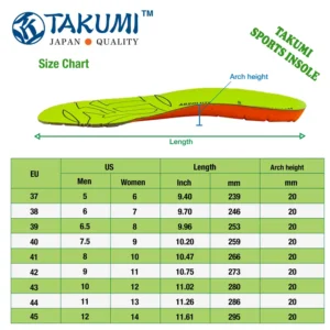 Takumi arch support insole size chart