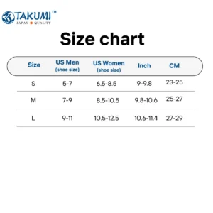 Takumi work sock size chart - foot length measurement guide